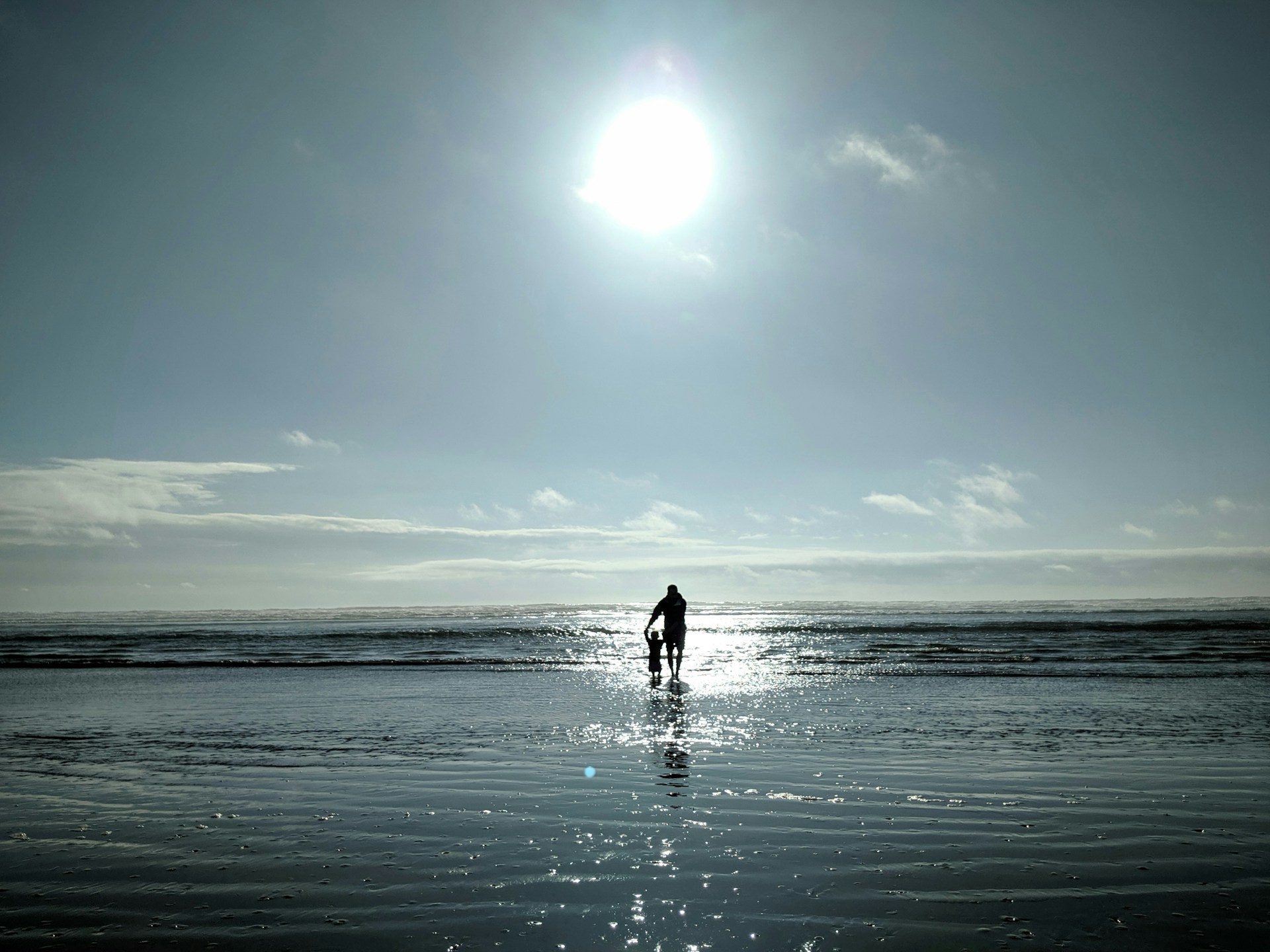 Adult and toddler walking together on the seashore